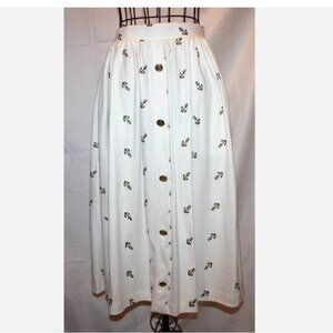 Nautical Theme Skirt White with Gold Anchor Pattern & Buttons XS 1980's Vintage